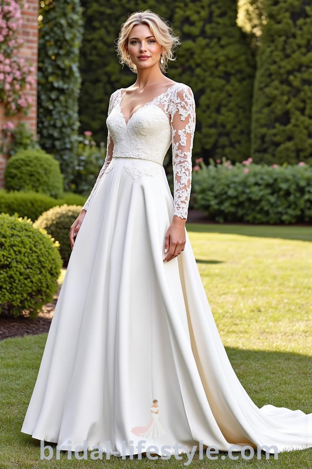Elegant A-line wedding dress with long satin sleeves, lace overlay, flowing skirt, modest V-neckline, and embroidery along the cuffs. bridal-lifestyle.com