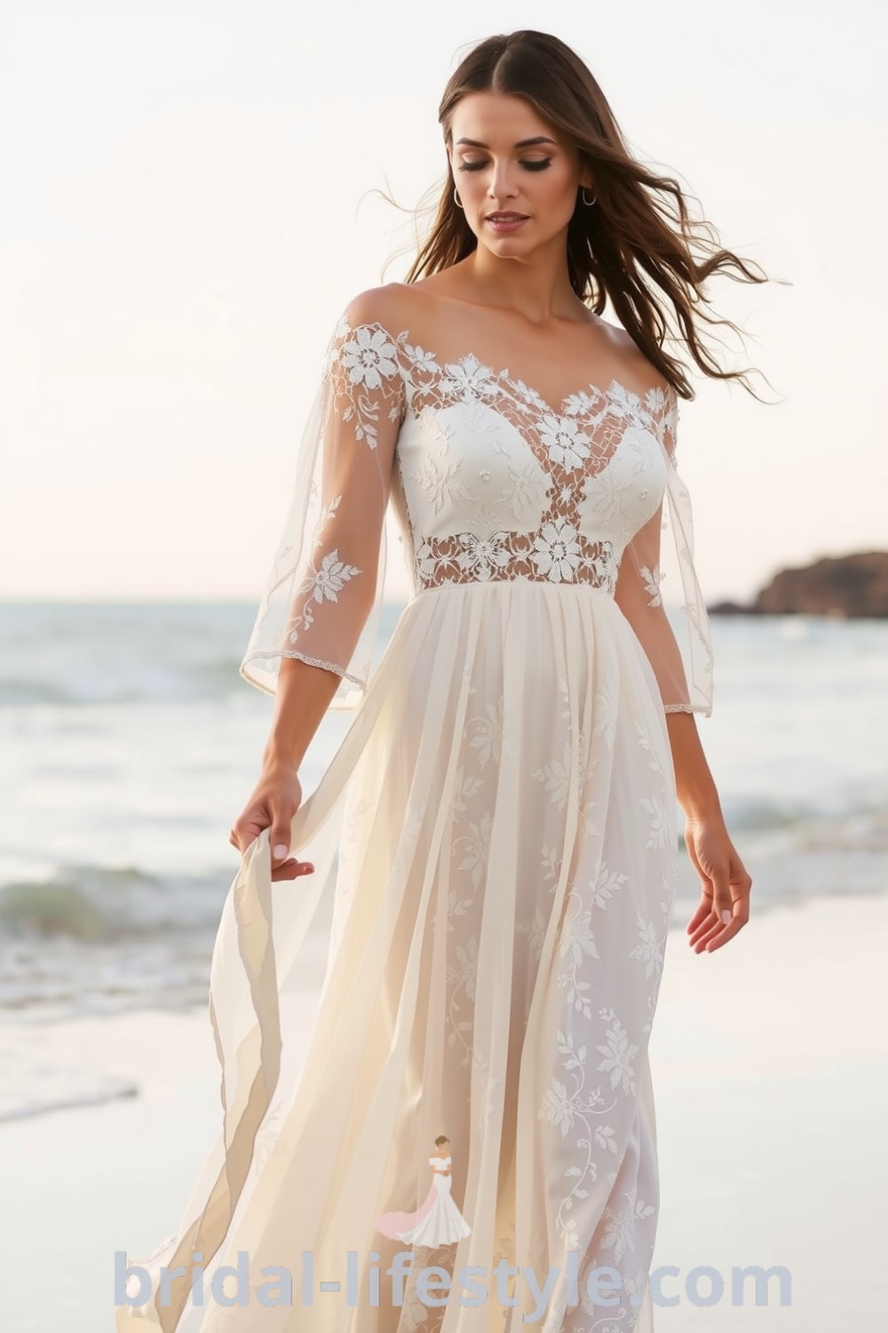 A stunning boho beach wedding dress made of soft lace with intricate floral patterns, featuring an off-the-shoulder neckline and a sheer overlay, embodying elegance and romance. bridal-lifestyle.com