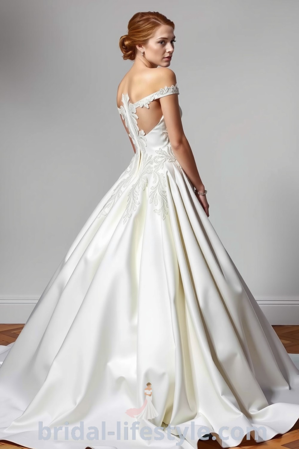 Elegant ballgown with off-the-shoulder neckline, fitted bodice adorned with lace appliqués, and a voluminous skirt flowing to the floor, perfect for dreamy brides seeking inspiration for the special day. bridal-lifestyle.com