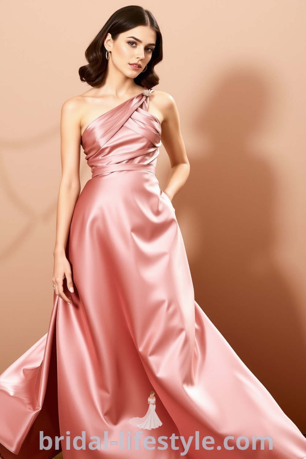 Elegant one-shoulder bridesmaid dress made of luxurious satin with delicate ruching and a flowing skirt, perfect for weddings. bridal-lifestyle.com