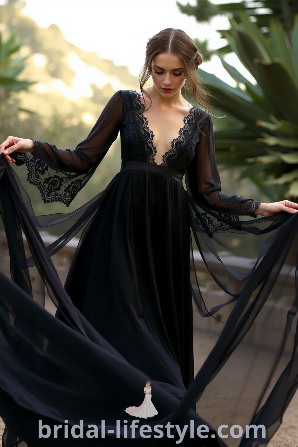 Stunning boho black wedding dress made from flowing chiffon with intricate lace detailing on the bodice and sleeves, featuring a flattering A-line silhouette. bridal-lifestyle.com