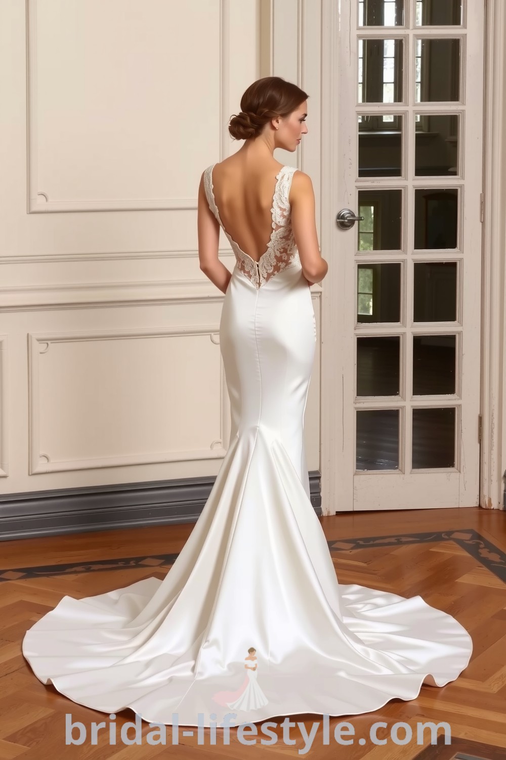 Elegant mermaid wedding dress made from satin with lace detailing on the back, featuring a fitted silhouette that flares at the knees, ideal for dreamy brides. bridal-lifestyle.com