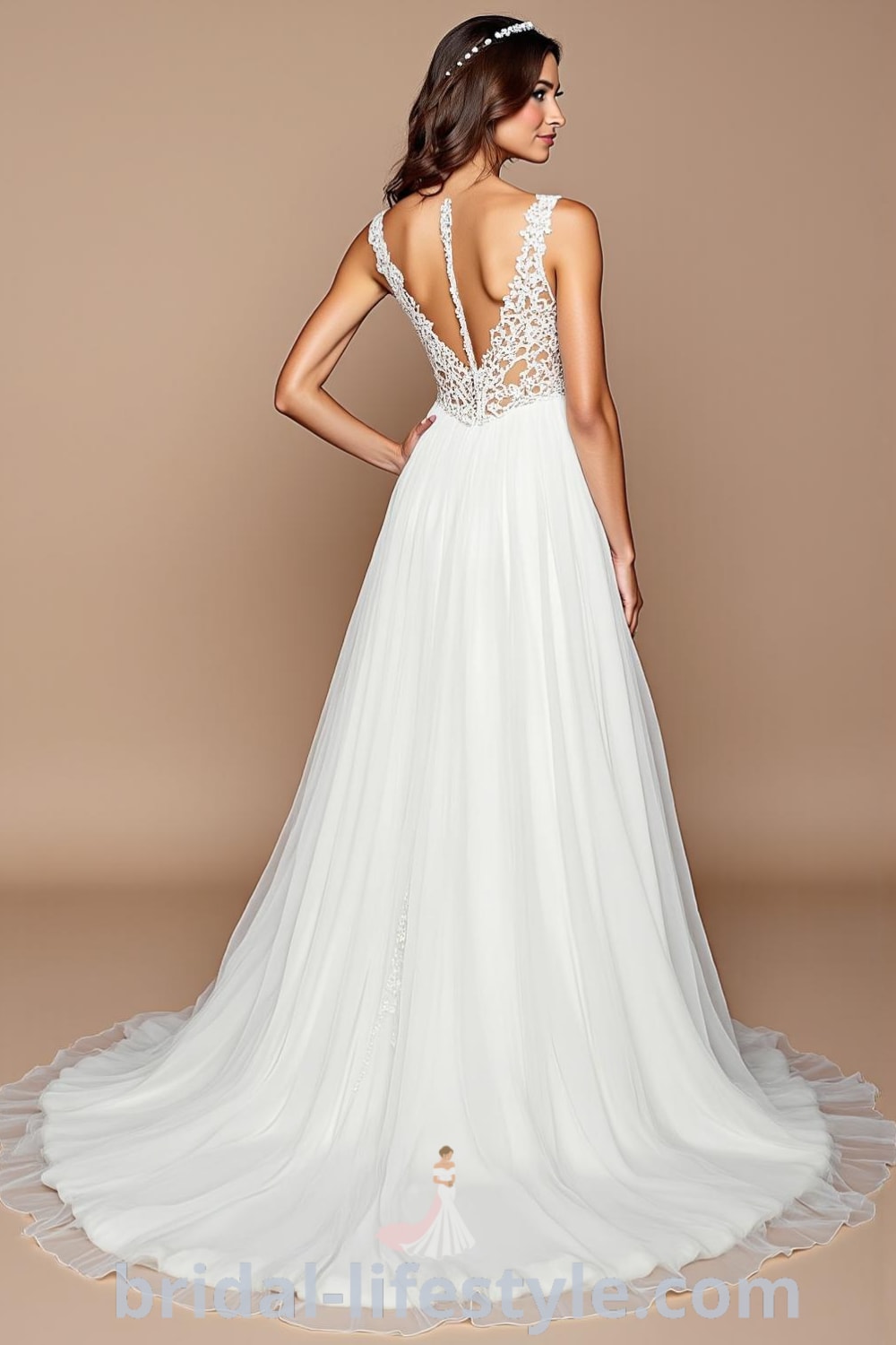 A-line wedding dress with intricate lace detailing, flowing chiffon skirt, sweetheart neckline, delicate cap sleeves, and an illusion back with crystal buttons. bridal-lifestyle.com
