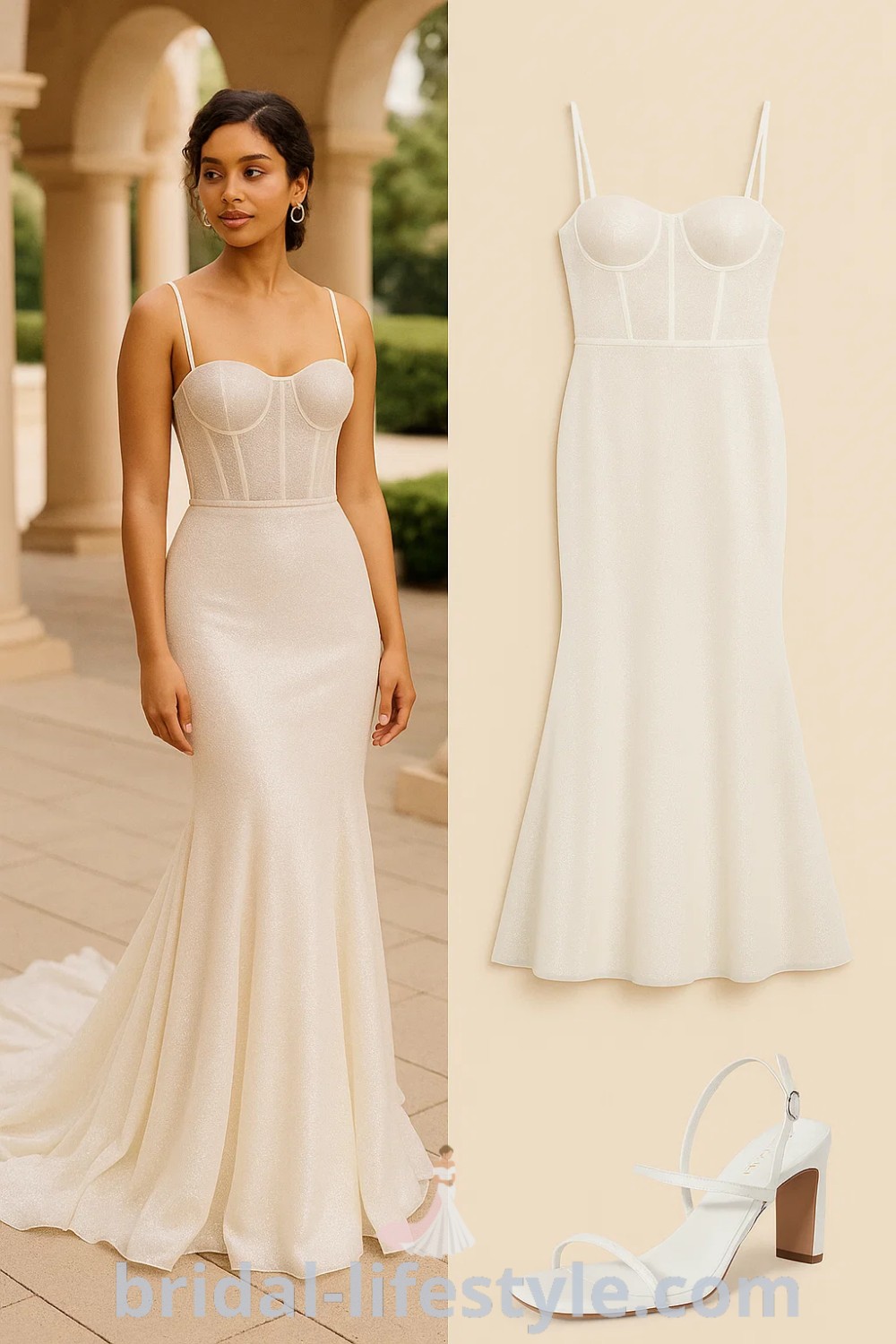 Shimmering ivory Mermaid Tail wedding dress featuring a fitted top and flared bottom, complemented by white strappy heels and simple gold hoop earrings, perfect for weddings and formal events, available at pinshoesoutfits.com.