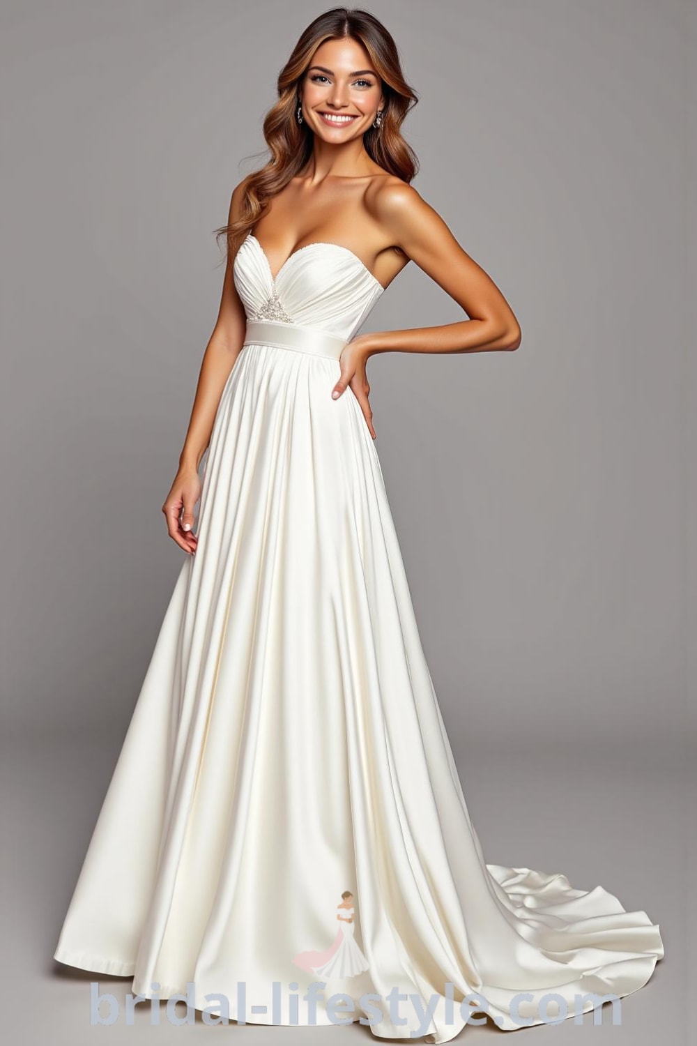 A stunning A-line satin wedding dress with an illusion neckline, satin piping, and subtle waist pleating, elegantly draping for a flattering silhouette. bridal-lifestyle.com