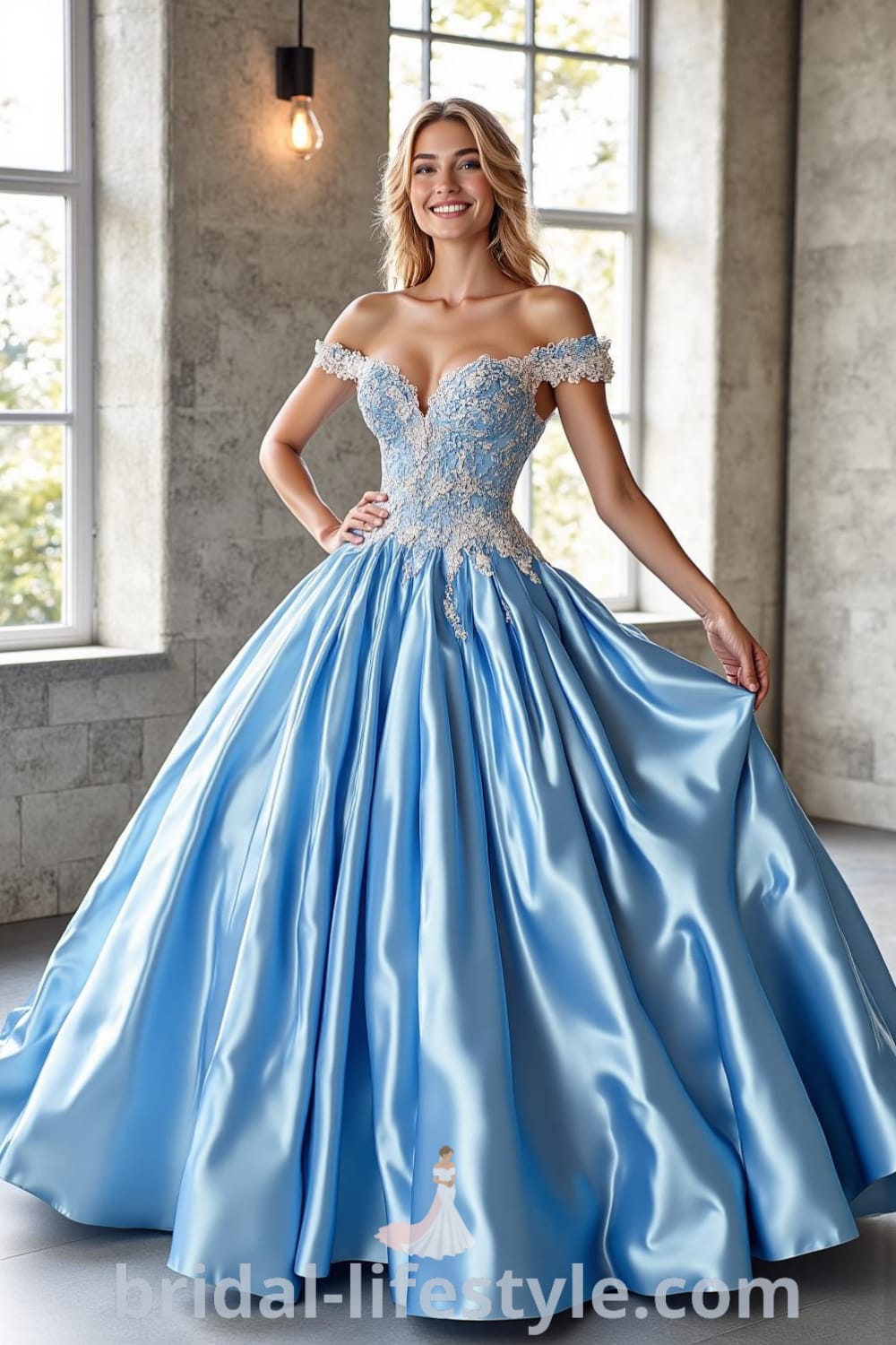 Princess Blue wedding dress with a voluminous ball gown silhouette, luxurious satin fabric, intricate lace appliqués, and an off-the-shoulder neckline. bridal-lifestyle.com