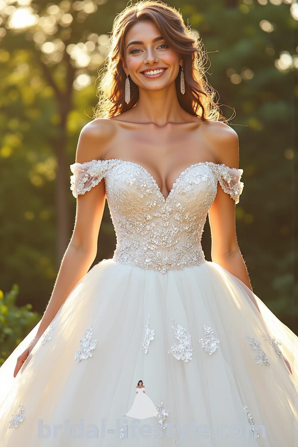 Dazzling Princess Glitter wedding dress with fitted sequinned bodice, flowing tulle skirt, off-shoulder neckline, and layers of soft fabric. bridal-lifestyle.com