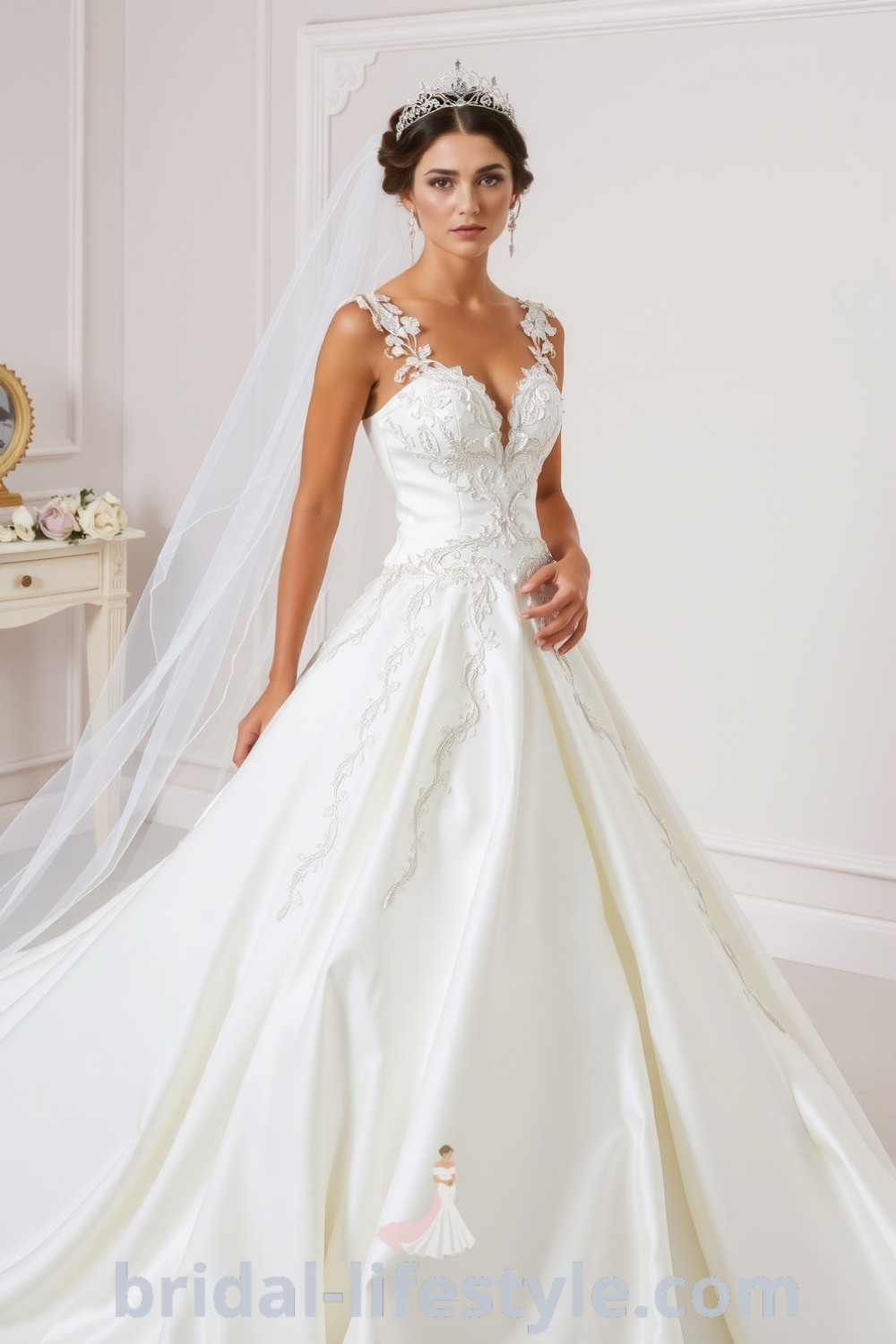 A princess-style wedding dress featuring luxurious satin and tulle layers, an elegant fitted bodice with lace appliqués and beadwork, and a voluminous skirt perfect for twirling. bridal-lifestyle.com