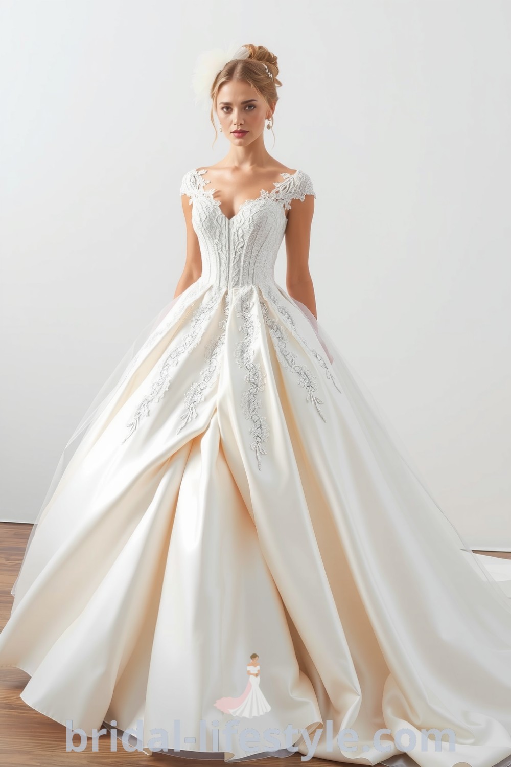 Stunning satin princess gown with intricate lace appliqués, a voluminous skirt, and ethereal tulle veiling the train, ideal for dreamy brides looking for elegant dress inspirations for their special day. bridal-lifestyle.com