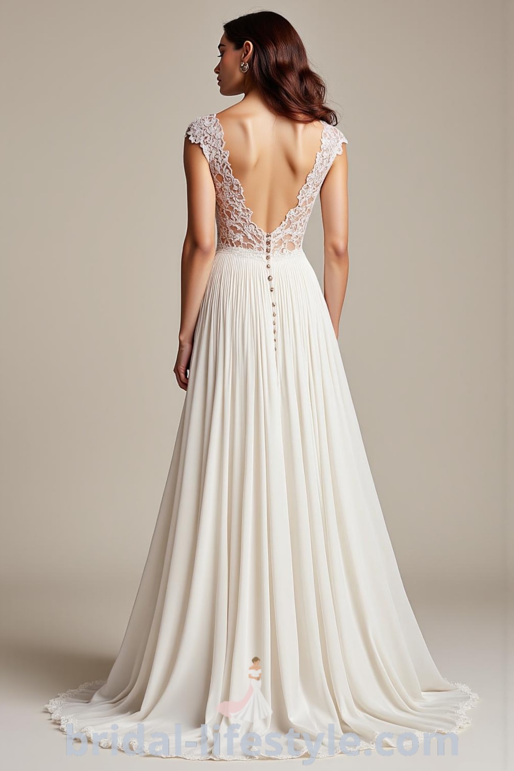 A-line wedding dress in soft satin featuring lace appliqués, cap sleeves, a flowing skirt with pleating, and a keyhole back. bridal-lifestyle.com