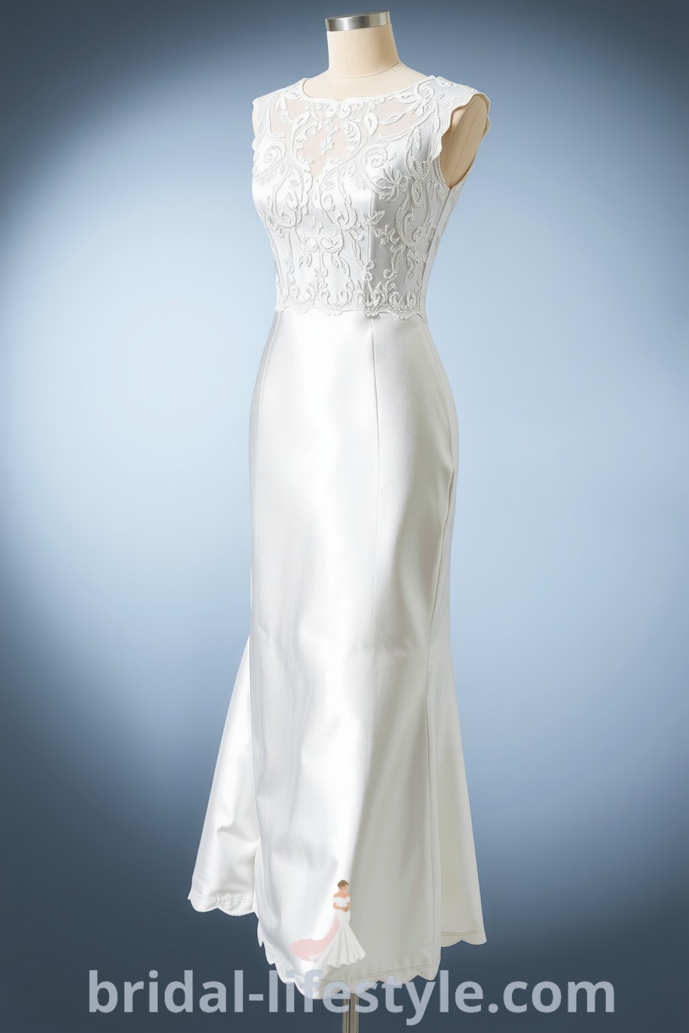 Elegant mermaid wedding dress with shimmering satin fabric, delicate lace overlay, and scalloped hem, showcasing a fitted silhouette ideal for modern brides. bridal-lifestyle.com