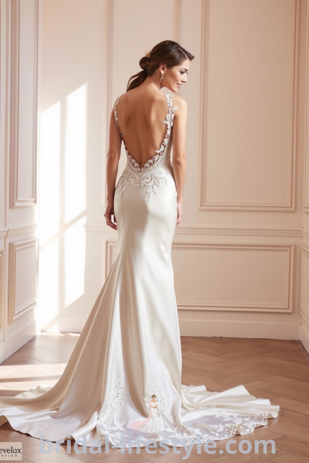 Fit and flare wedding dress made of luxurious satin with an open back and intricate lace detailing on the bodice and skirt. bridal-lifestyle.com