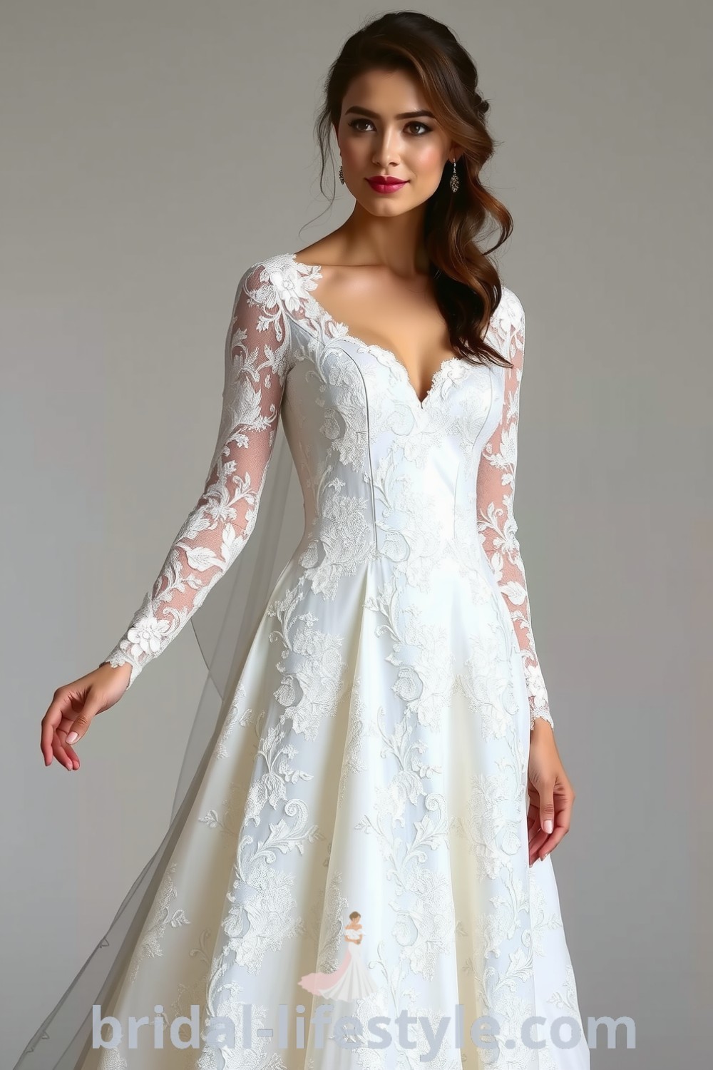 Vintage lace wedding dress with floral patterns cascading from fitted bodice to A-line skirt, featuring delicate lace sleeves and a soft lining for comfort. bridal-lifestyle.com
