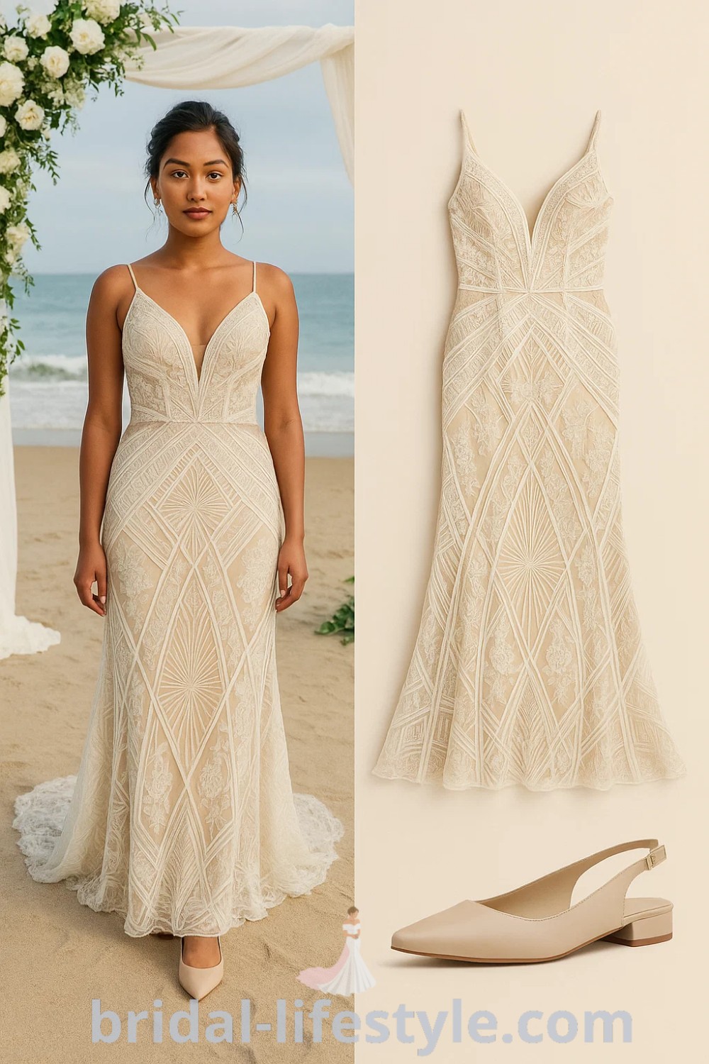 beige lace Boho Beach wedding dress with flared silhouette, paired with simple beige slingback flats, perfect for formal events or rustic weddings, available at pinshoesoutfits.com.