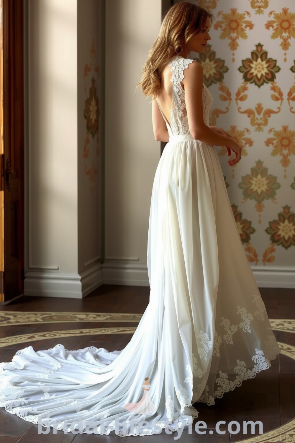 Boho wedding dress made of lace and chiffon with floral embroidery, deep V-back, and ruffled hem, perfect for dreamy brides. bridal-lifestyle.com