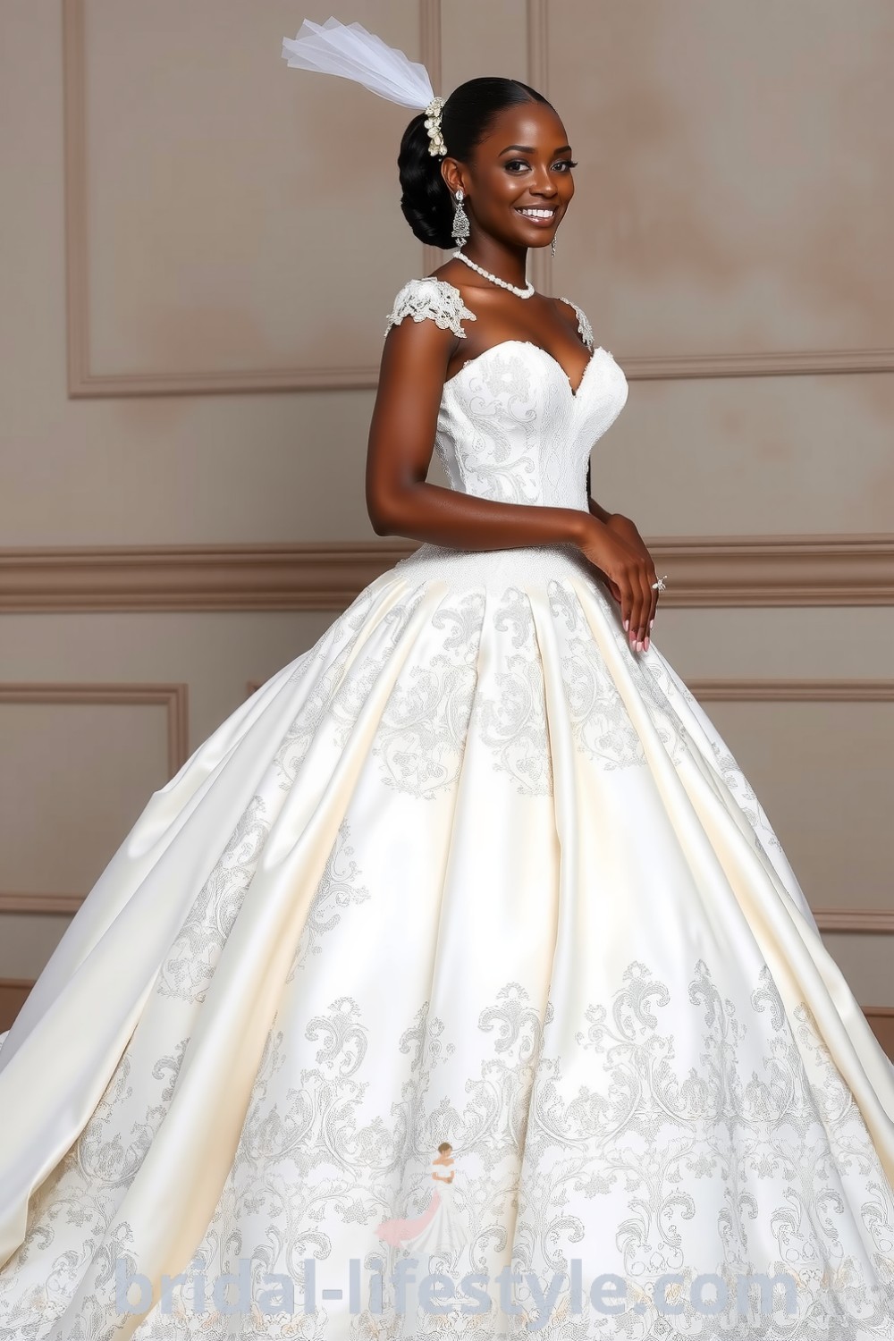 Elegant princess-style wedding dress with intricate lace overlays and beading on the sweetheart neckline, featuring a voluminous satin skirt that twirls gracefully. bridal-lifestyle.com