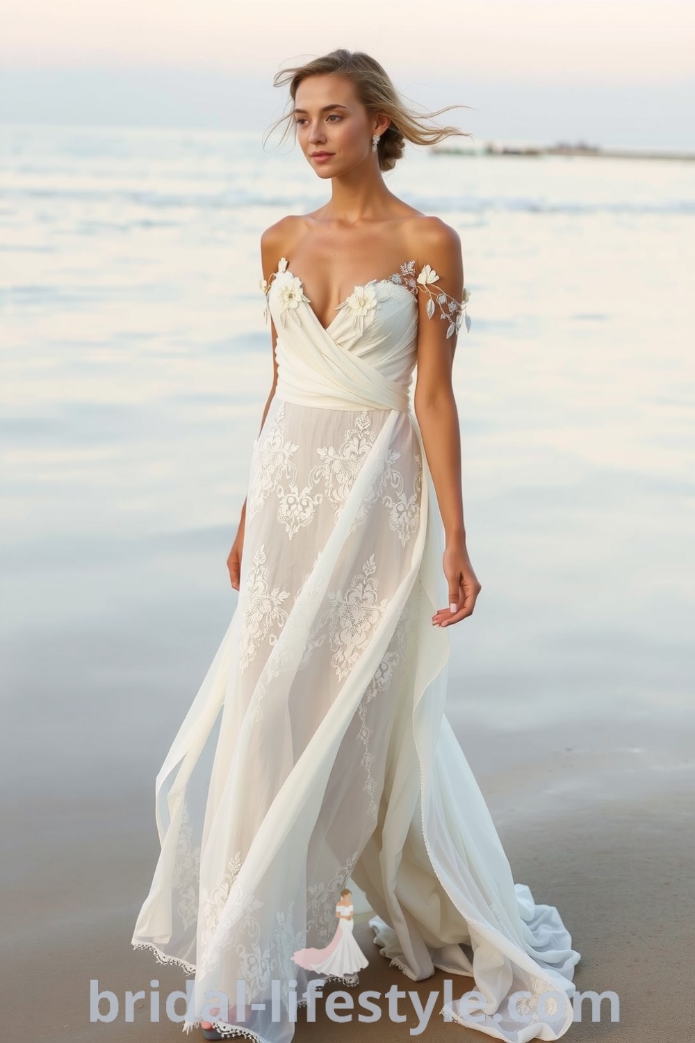 A stunning boho beach wedding dress with soft flowing lace, off-the-shoulder sleeves, floral appliqués, and a cascading skirt for dreamy brides. bridal-lifestyle.com