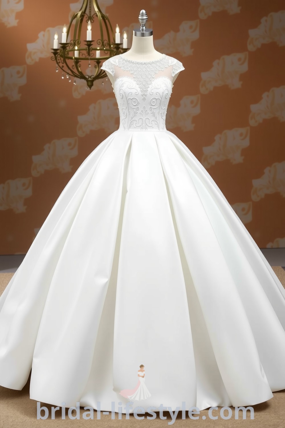 Elegant ball gown wedding dress with fitted lace bodice, flowing satin skirt, and pearl embellishments, ideal for dreamy brides seeking inspiration looks for the special day. bridal-lifestyle.com