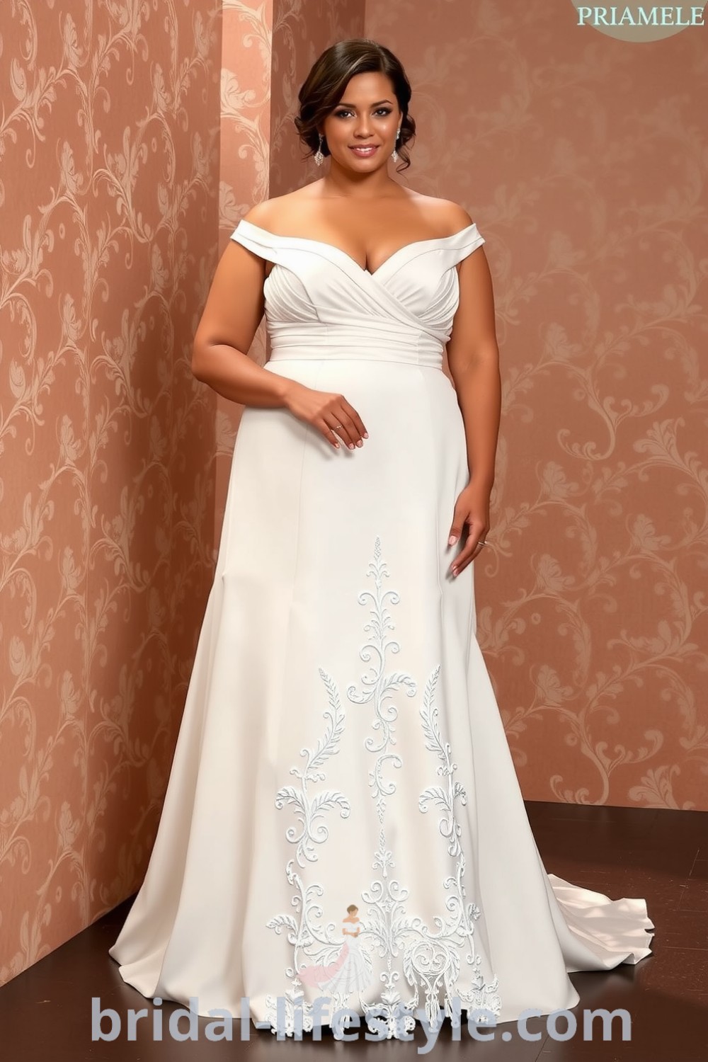 Fit and flare plus size wedding dress with satin bodice, lace appliqués, sweetheart neckline, and cap sleeves. bridal-lifestyle.com