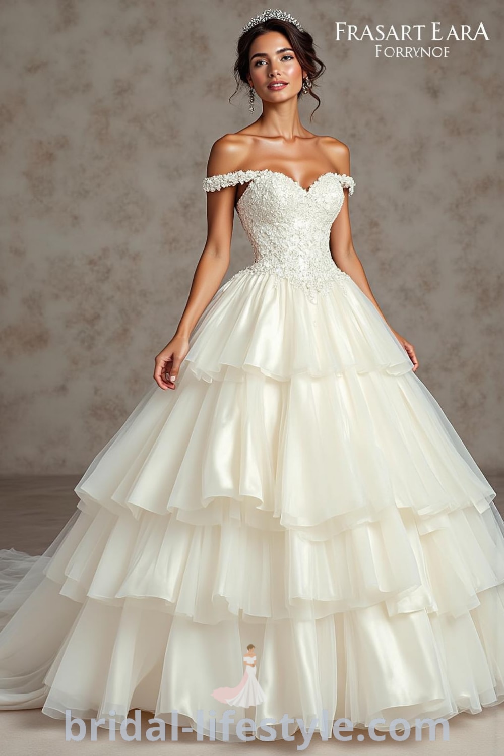 An elegant princess ballgown in luxurious satin with an off-the-shoulder neckline, intricate lace appliqués, and a lavish tulle skirt, perfect for romantic occasions. bridal-lifestyle.com