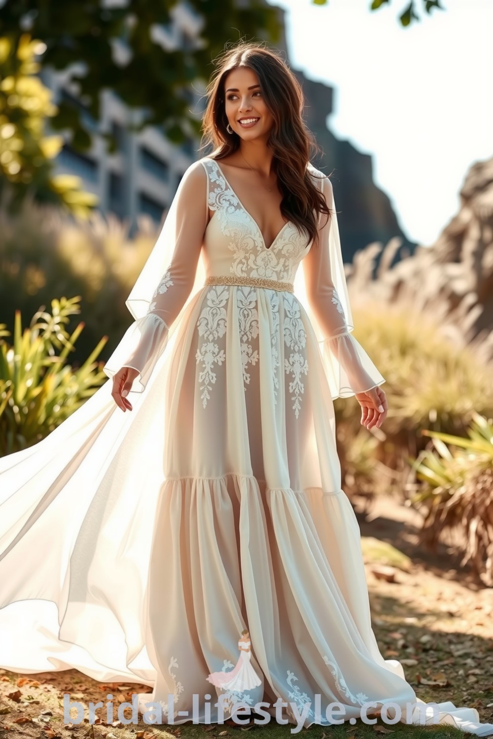 Boho wedding dress made of airy chiffon with bell sleeves and floral lace insets, featuring a flowing tiered skirt, ideal for outdoor ceremonies. bridal-lifestyle.com