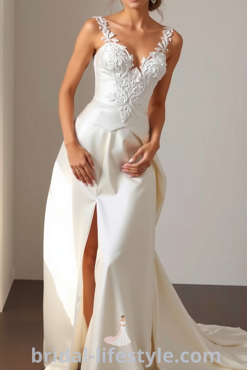 Fit and flare wedding dress made of luxurious satin with a thigh-high slit and intricate lace appliqués on the bodice, highlighting the bride