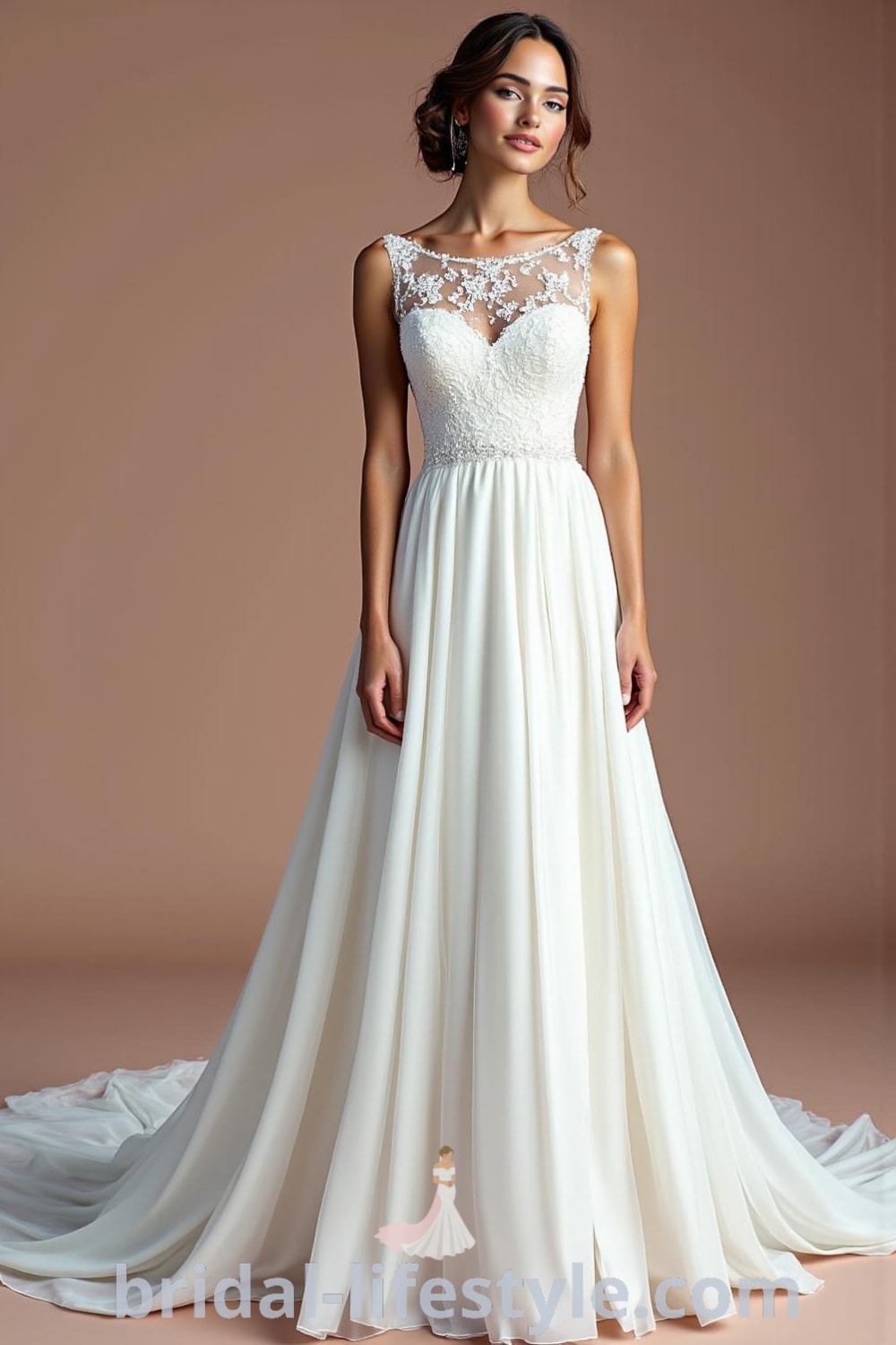 A-line wedding dress with boat neckline made of luminescent satin, detailed with pearls on the bodice and a gracefully flared skirt. bridal-lifestyle.com