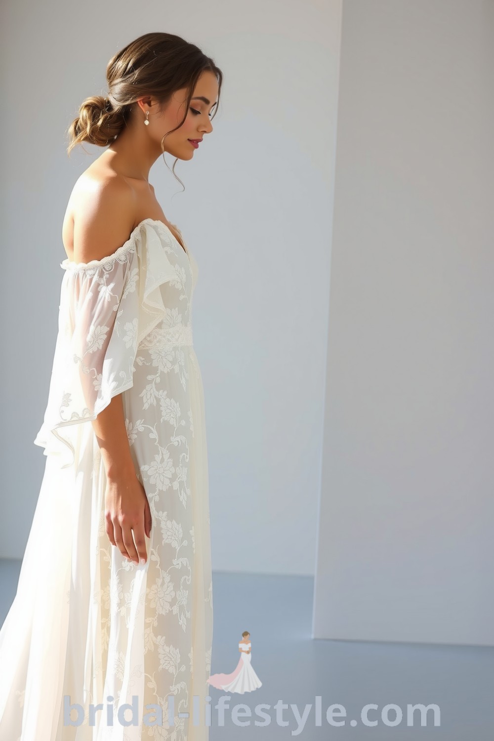A graceful boho wedding dress made from ethereal lace with an A-line silhouette, featuring billowing sleeves, intricate floral patterns, and an off-the-shoulder neckline, ideal for outdoor celebrations. bridal-lifestyle.com