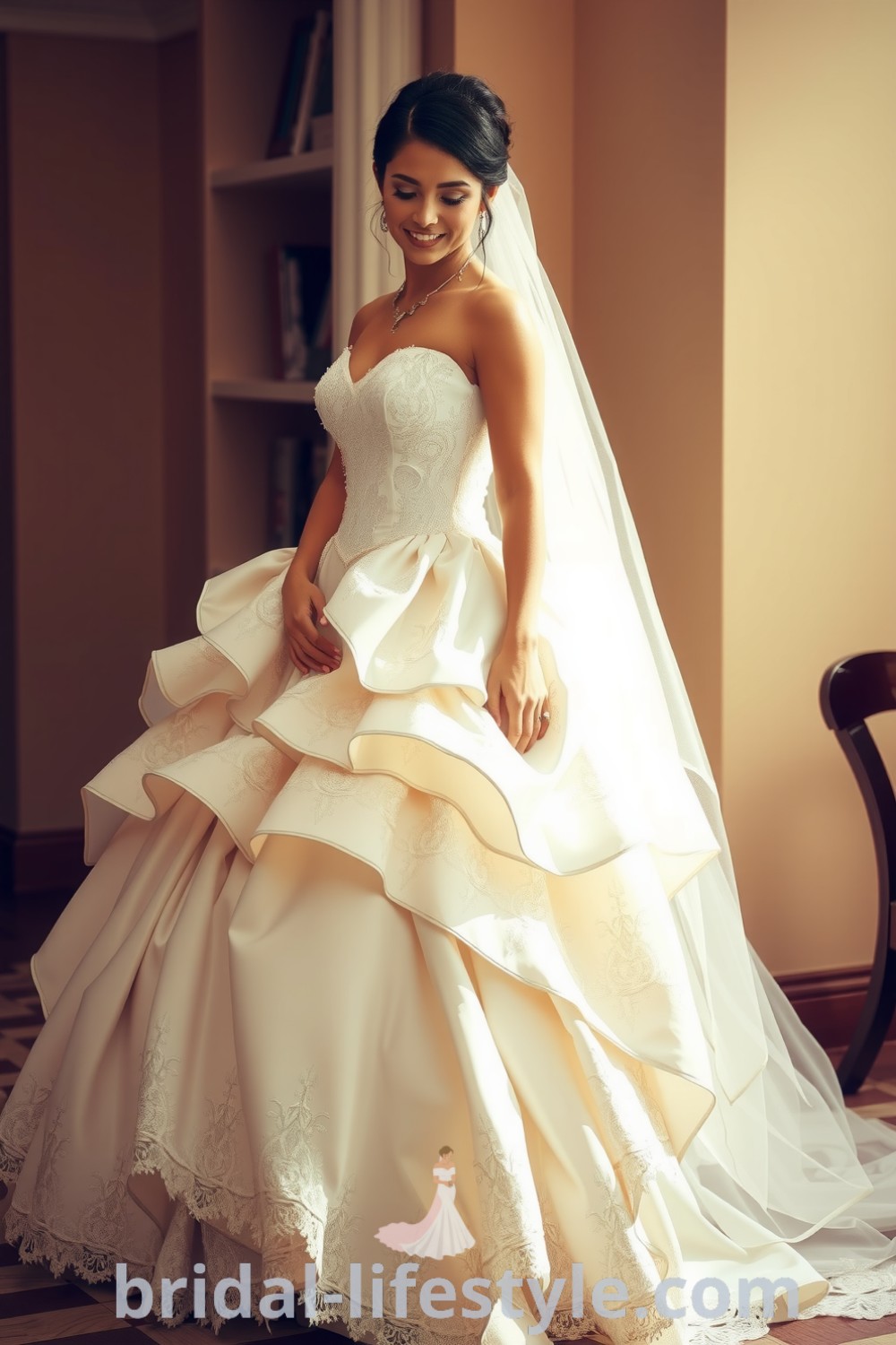 Elegant wedding gown with satin and lace layers, featuring an embroidered bodice and a voluminous skirt, ideal for dreamy brides seeking inspiration for their special day. bridal-lifestyle.com