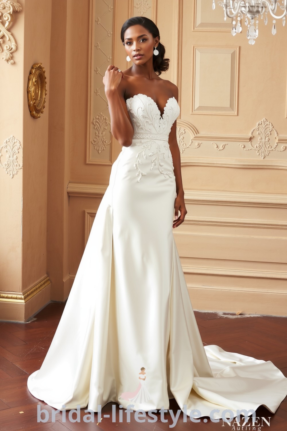 Fit and flare wedding dress made of luxurious satin with a sweetheart neckline, thigh-high slit, lace appliqués, and a flowing train. bridal-lifestyle.com