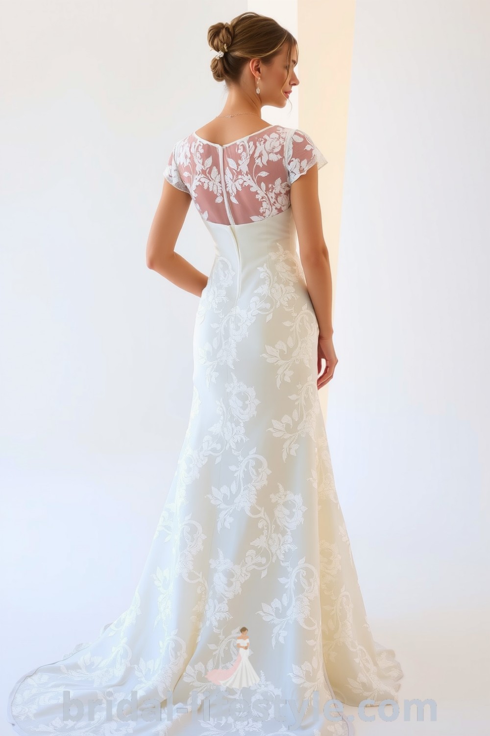 Vintage lace wedding dress with floral patterns, cap sleeves, and satin slip, showcasing timeless elegance and graceful movement. bridal-lifestyle.com