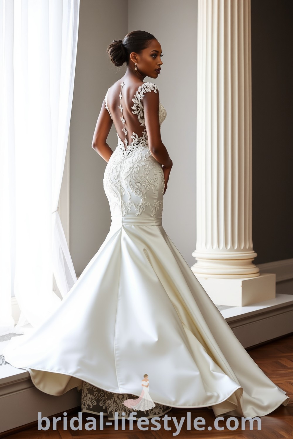 Stunning mermaid wedding dress with intricate lace overlay, open back, satin lining, and dramatic flare, designed for elegant brides. bridal-lifestyle.com
