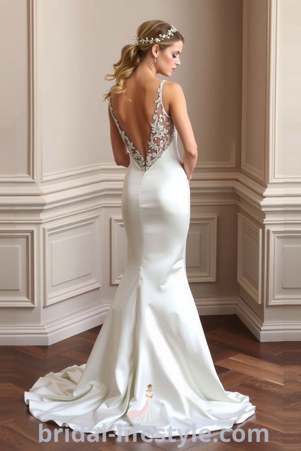 Elegant mermaid wedding dress made of luxurious satin with a lace overlay and intricate beadwork, perfect for dreamy brides seeking inspiration for their special day. bridal-lifestyle.com