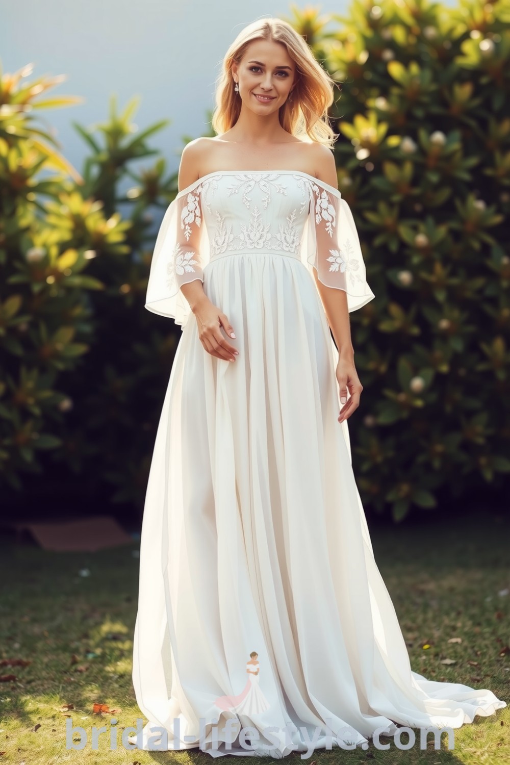 A whimsical boho wedding dress in layers of chiffon with off-the-shoulder sleeves and floral lace accents, featuring an A-line silhouette perfect for outdoor ceremonies. bridal-lifestyle.com