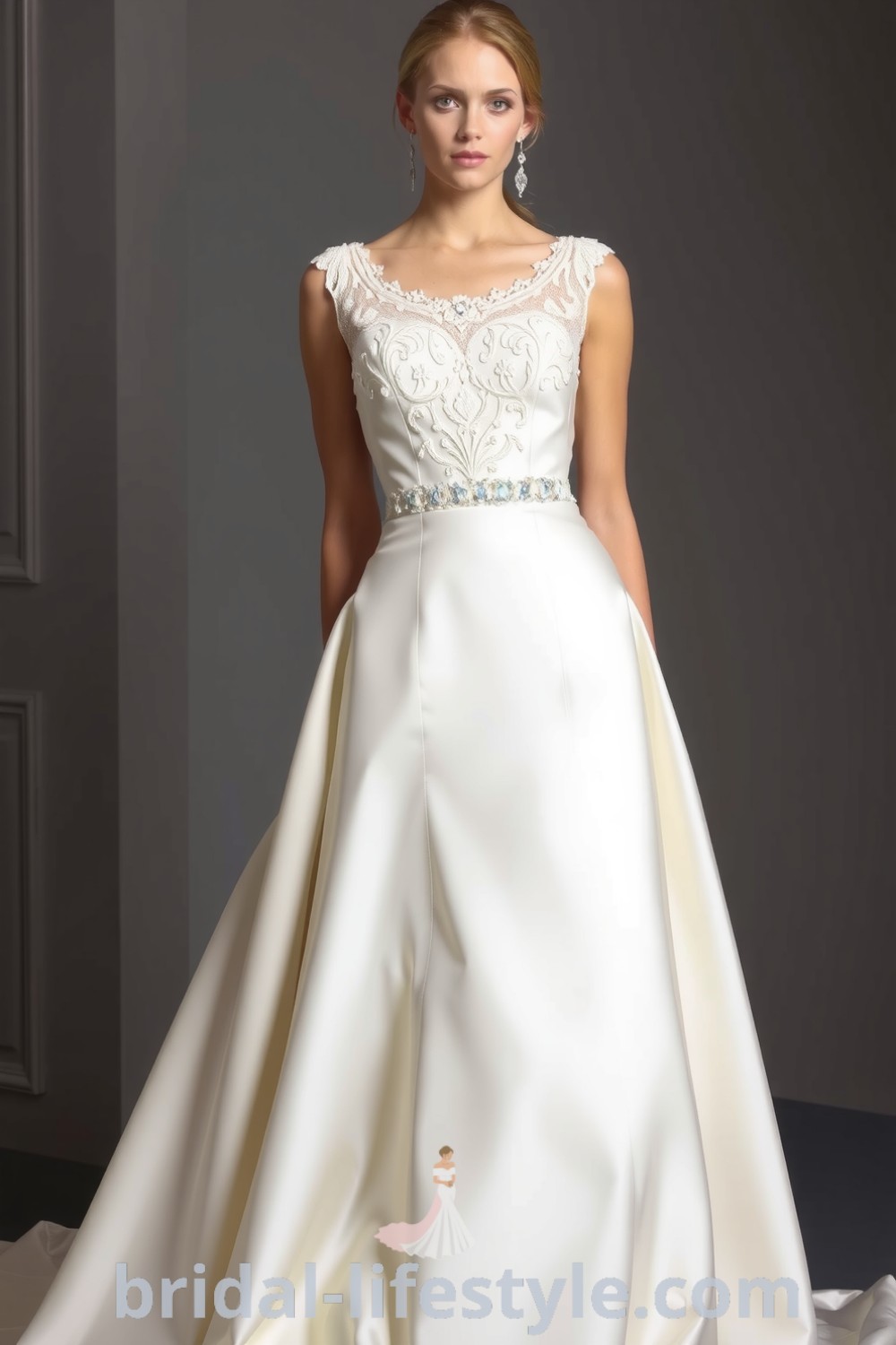 Elegant fit and flare wedding dress with a square neckline, intricate lace detailing, luxurious satin fabric, and delicate waist embellishments, designed for dreamy brides. bridal-lifestyle.com