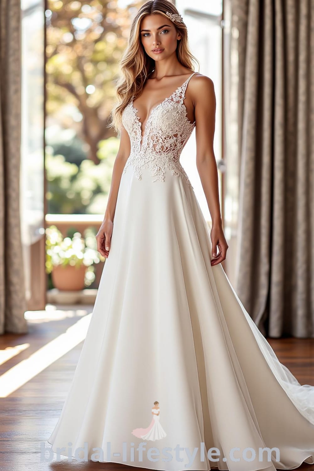 A-line wedding dress with a lace bodice, flowing satin skirt, V-neckline, floral lace appliqués, and a subtle train. bridal-lifestyle.com