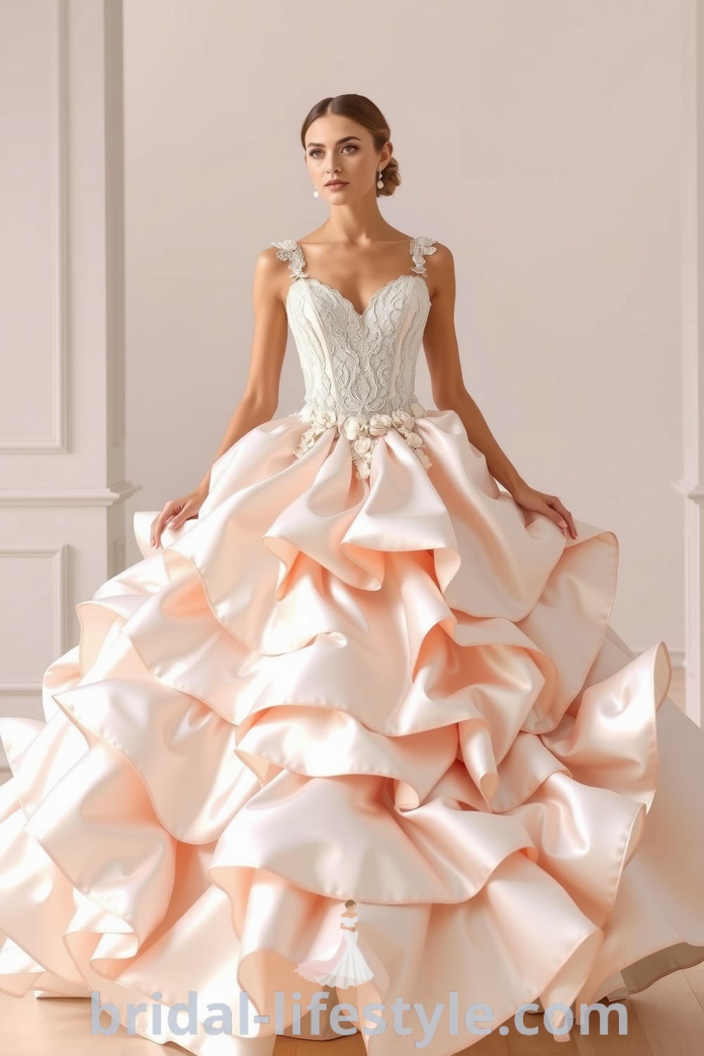 Elegant princess ballgown made of rich satin with a sweetheart neckline embellished with lace appliqués, featuring cascading ruffles and a dramatic silhouette, perfect for a dreamy bride. bridal-lifestyle.com