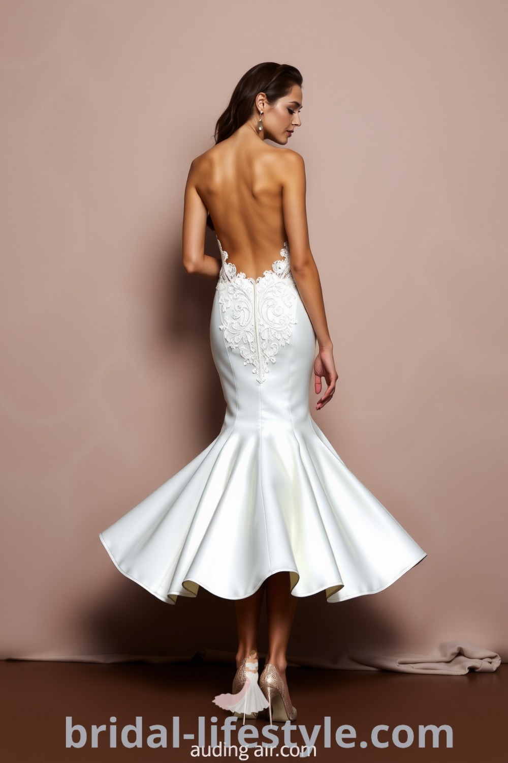 Elegant mermaid wedding dress in satin with lace appliqués and flared hemline, perfect for dreamy brides seeking the best aesthetic ideas for their special day. bridal-lifestyle.com