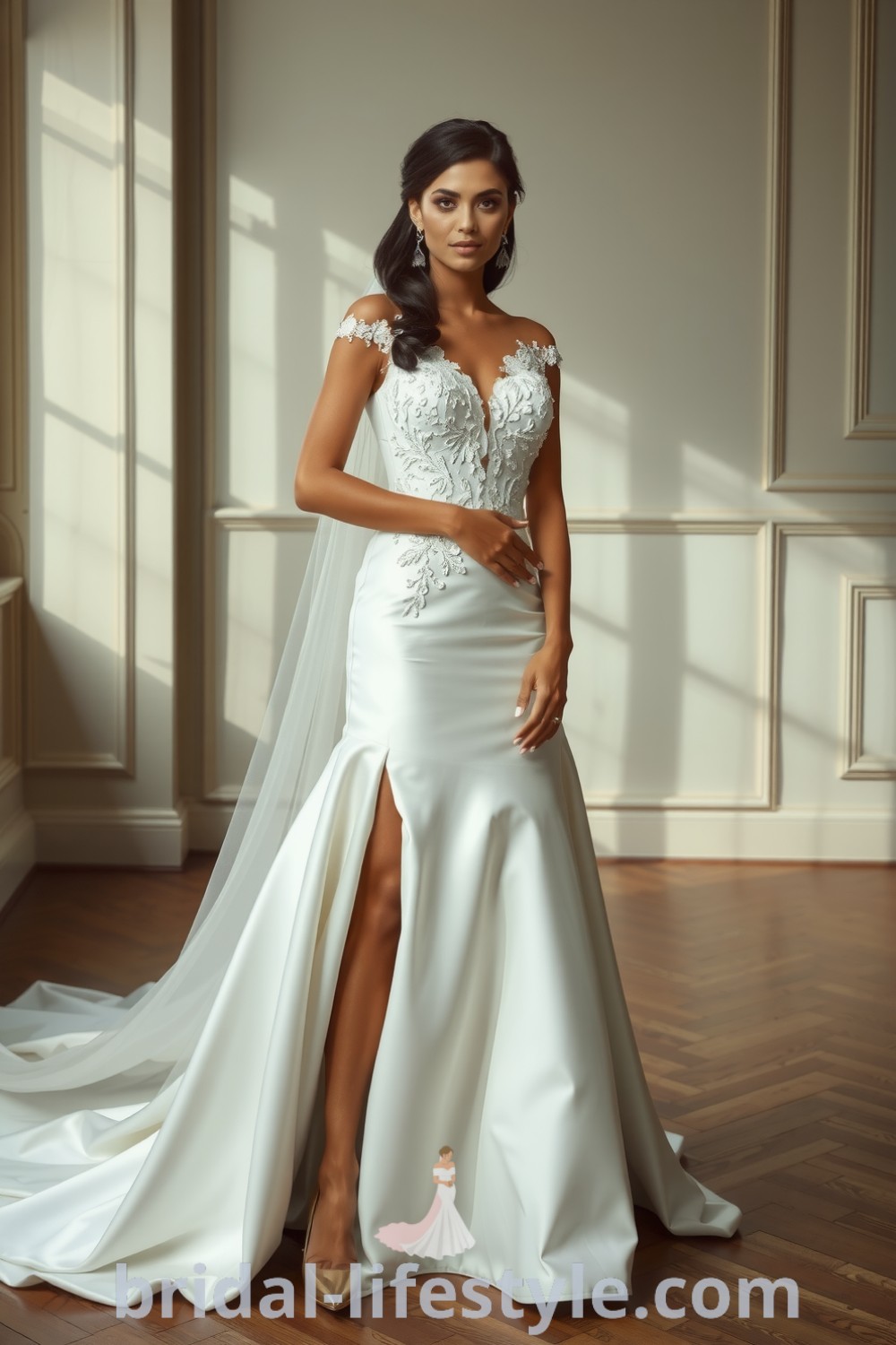 Elegant fit and flare wedding dress made of satin with daring slit, intricate lace appliqués, and a flowing train. bridal-lifestyle.com