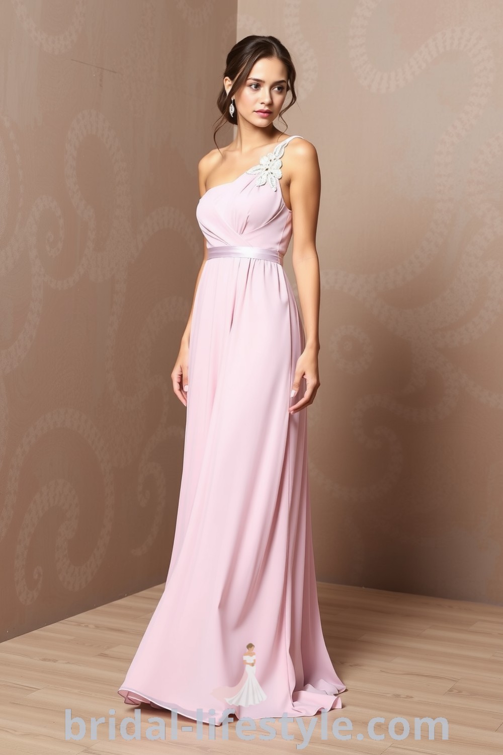 One-shoulder pink bridesmaid dress in soft chiffon with lace detail, flowing to the floor, embodying elegance for a romantic celebration, ideal for every bride