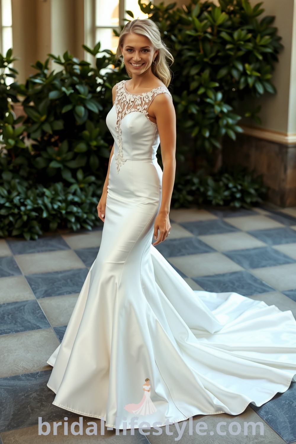 Stunning mermaid wedding dress crafted from luxurious satin, featuring intricate lace appliqués and a detachable skirt for versatility, ideal for dreamy brides seeking elegance on their special day. bridal-lifestyle.com