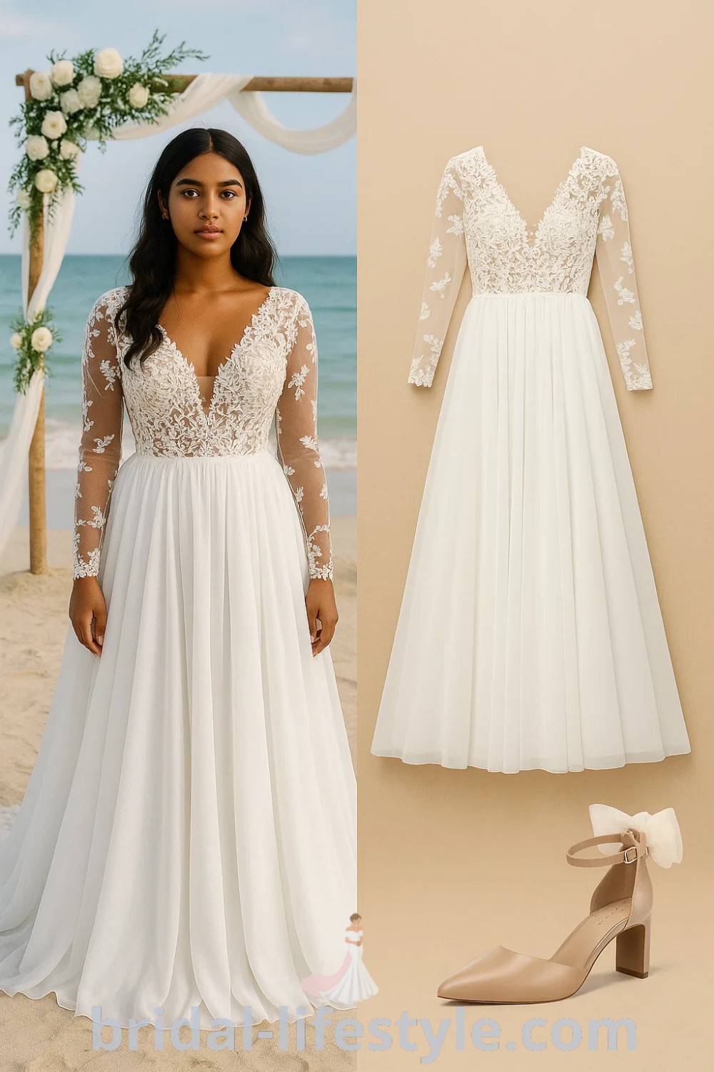long-sleeve white boho beach wedding dress with floral lace bodice, A-line silhouette, and nude heels; ideal for weddings and formal events. Discover more on pinshoesoutfits.com.