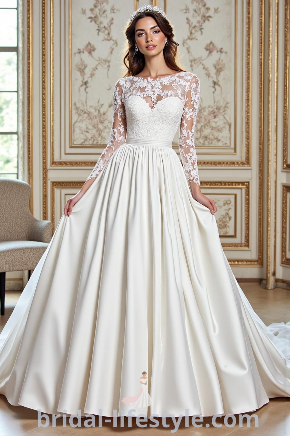 A-line wedding dress with embroidered long sleeves, flowing satin skirt, soft illusion neckline, and lace appliqués on the bodice. bridal-lifestyle.com