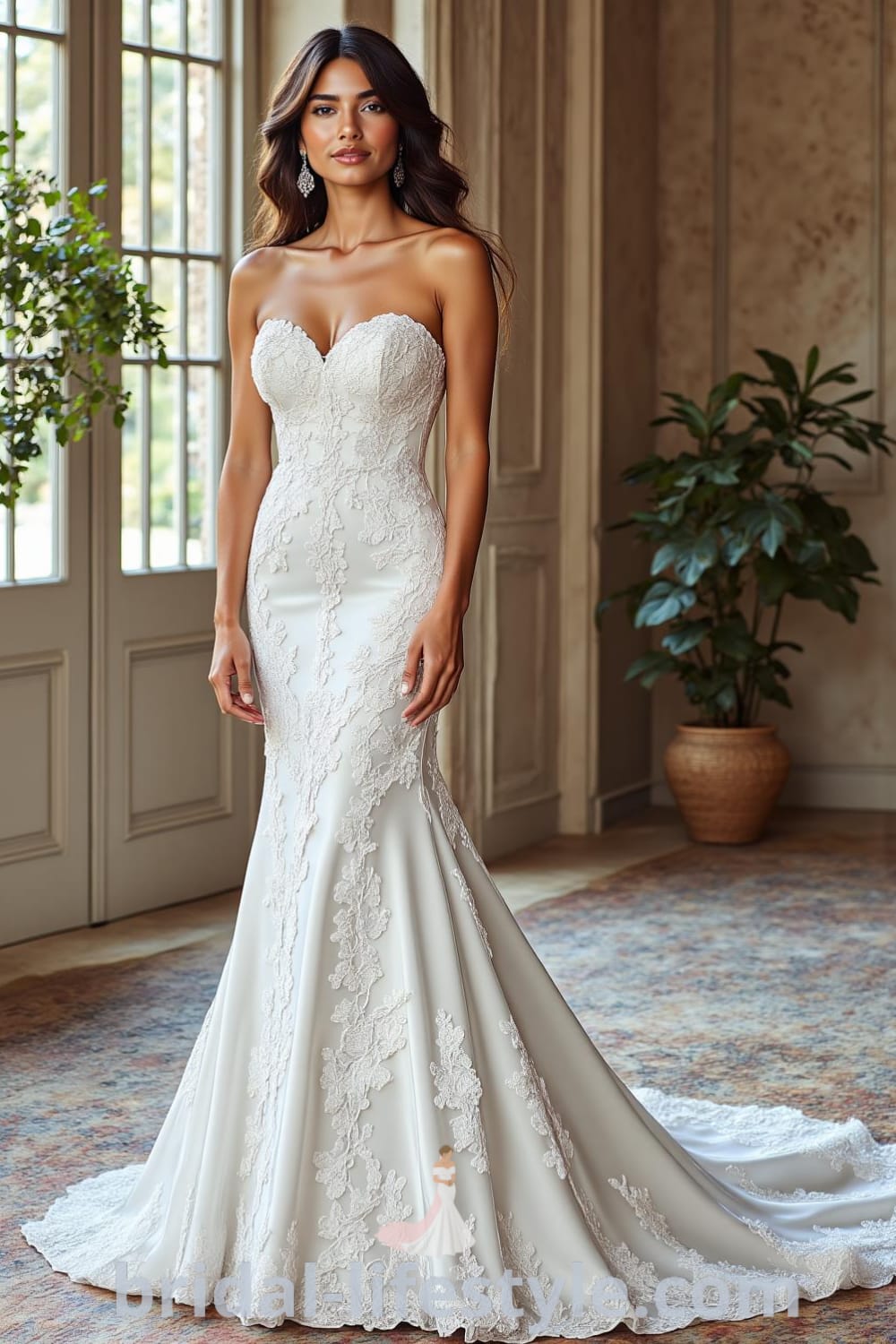 Mermaid wedding dress with strapless sweetheart neckline, luxurious satin fabric, intricate lace appliqués, and a dramatic train. bridal-lifestyle.com