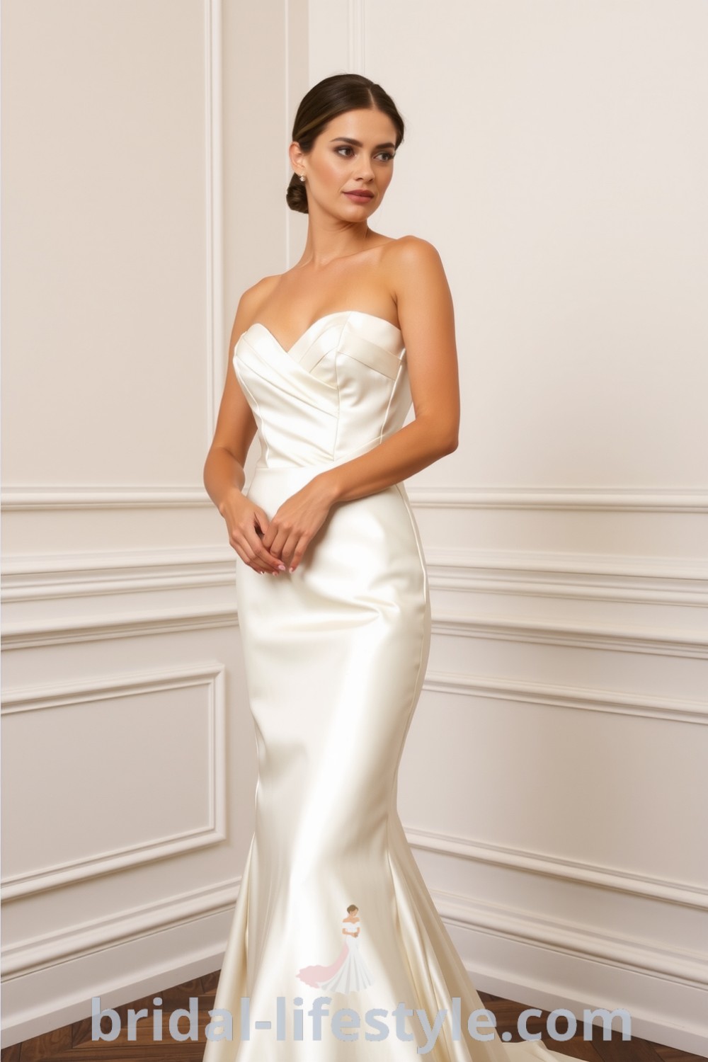 Elegant fit and flare wedding dress in luxurious satin with strapless sweetheart neckline, hugging curves and flaring at the knee, perfect for dreamy brides seeking inspiration for their special day. bridal-lifestyle.com