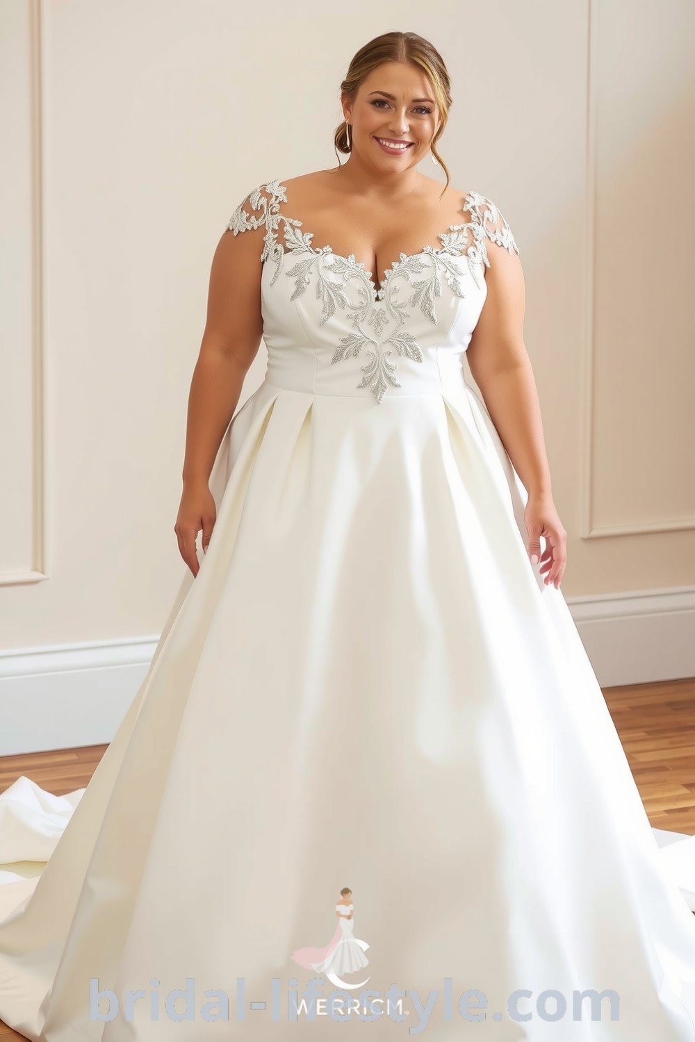 Plus-size fit and flare wedding dress in soft ivory satin with lace detailing, sweetheart neckline, and playful flared skirt, embellished with delicate beading. bridal-lifestyle.com