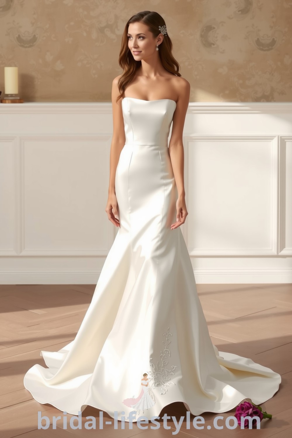 Elegant fit and flare wedding dress with a square neckline, luxurious satin fabric, and lace appliqué accents, perfect for dreamy brides seeking inspiration for their special day. bridal-lifestyle.com