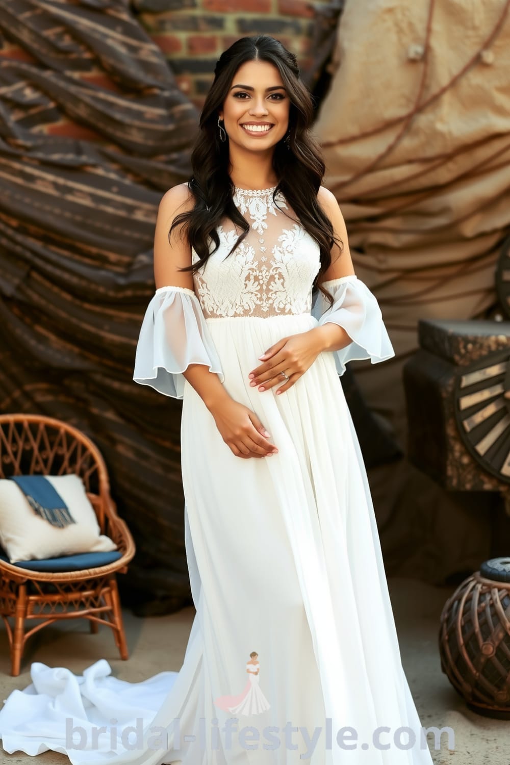 A Latina bride in an elegant boho beach wedding dress made of flowing chiffon, featuring lace overlays and flutter sleeves, with an A-line silhouette and beadwork at the waist. bridal-lifestyle.com