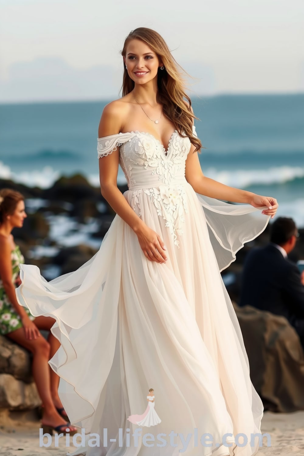 A radiant bride wearing a boho beach wedding dress with flowing lace and chiffon layers, off-the-shoulder silhouette, and intricate floral appliqués, perfect for a seaside celebration. bridal-lifestyle.com