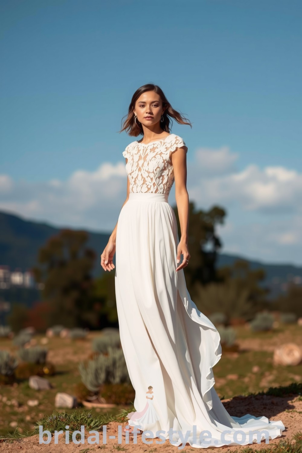 Boho two-piece wedding dress featuring a lace crop top with intricate embroidery and a flowing high-waisted chiffon skirt, perfect for romantic outdoor celebrations. bridal-lifestyle.com